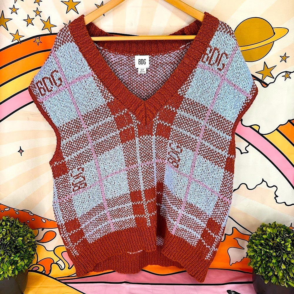 {BDG | UO Urban Outfitters} Knitted Greyden Plaid Jacquard V-Neck Sweater Vest